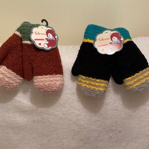 Kids Mittens Two Pairs Faux Fur Lined Multi Colored NWT